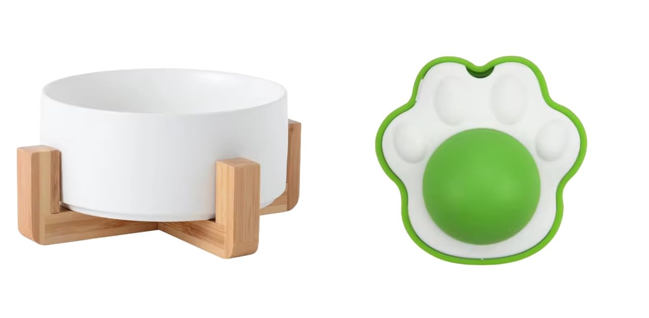 Urban Pet Gallery Elevated Ceramic Pet Bowl For Cats And Dogs With Wooden Stand (White, Large) And Silvervine, Gall Fruit Catnip