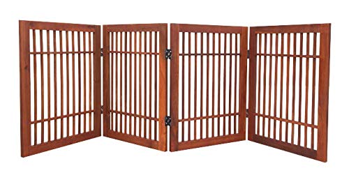 Pet Dog Gate For Doorways Strong And Durable Freestanding Expandable Folding Acacia Wood Hardwood Portable Wooden Fence Indoors Or Outdoors By Urnporium (Brown Pet Gate, 4 Panel 24' Tall)