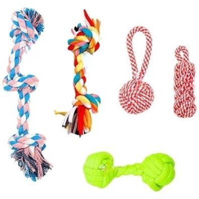 Petjoy 5 In 1 Cotton Rope Dog Chew Toys Combo | Durable Knotted Teething Toys For Puppies & Dogs, Tug & Fetch Training Toys, Tee