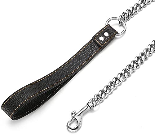 Aiyidi Dog Chain Leash, Stainless Steel Metal Link Training Leash Width 11/15Mm Length 3/4/5Ft Silver Cuban Chain, With Genuine Leather Padded Handle, For Large/Medium/Small Dogs (15Mm, 5Ft)