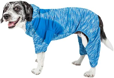 Pet Life  Active Downward Dog Heathered Performance 4Way Stretch Twotoned Full Body Warm Up Hoodie, Blue  Large