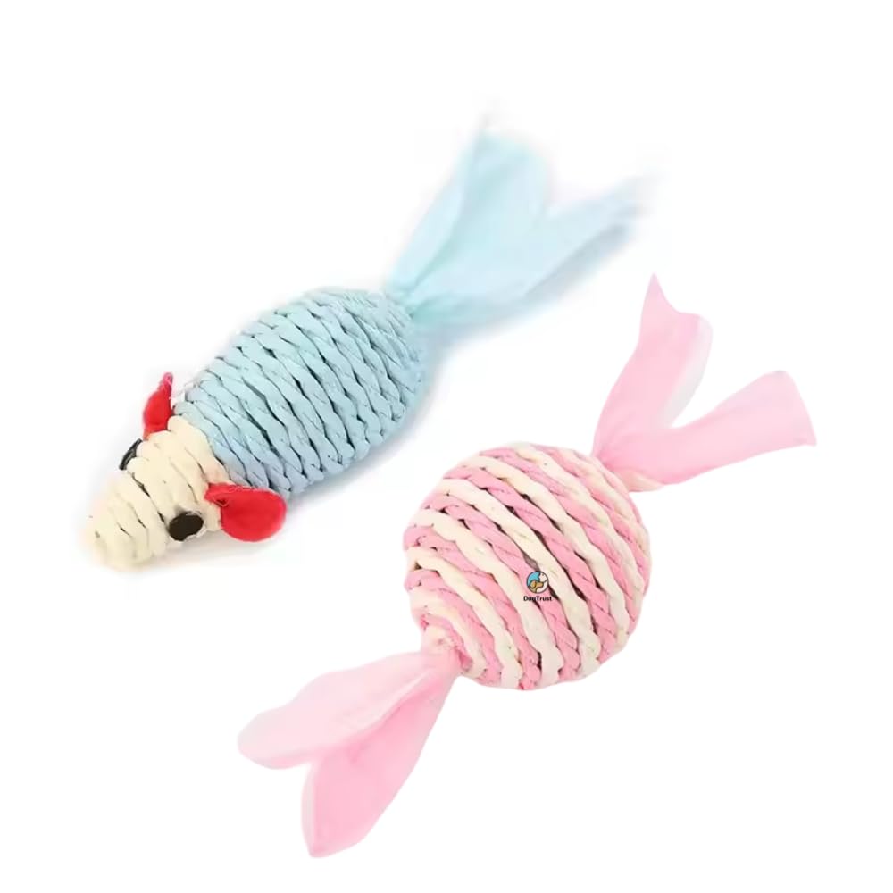 Dog Trust 2Piece Cat Toy Combo | Sisal Rope Mouse & Ball For Kittens | Pet Chew & Play Set For Active Indoor Cats