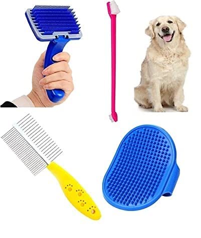 Psk Pet Mart (Combo Of 4) Imported Pet Comb + Slicker +Teeth Brush + Bath Gloves Grooming Kit For All Pets Dog, Cat, Rabbit, Ham