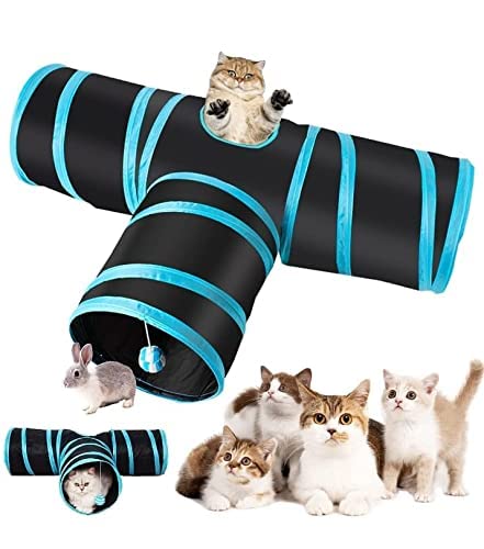 Cat Tunnel Kitten Dog Rabbits Cat Interactive Toy Play Toy Foldable Pet Cat Toy With Ball Tunnel (3 Way, Dark Blue)