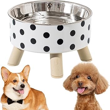Jumix Pet Bowl With Elevated Stand  Polka Dot Design Raised Dog Feeder  NonSkid Wooden Legs, Stainless Steel Bowl  Stylish A