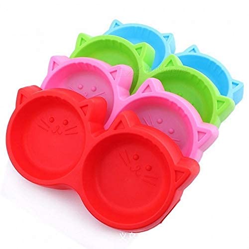Woofy NonSlip, NonToxic Pet Feeding Plastic Cat Face Shaped Double Bowl Food & Water Feeder 2In1 Bowl For Dogs And Cats (Col