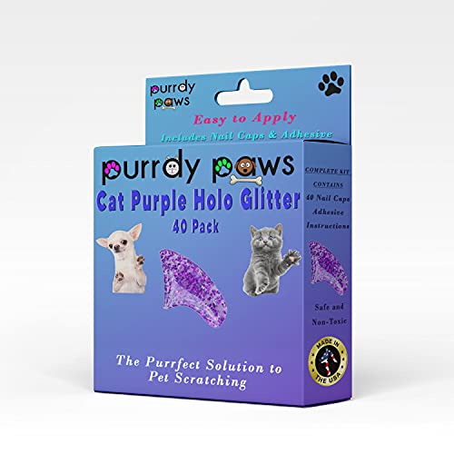Purrdy Paws 40 Pack Soft Nail Caps For Cat Claws Purple Holographic Glitter Small