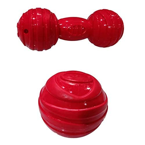 Furry Critters Dog Rubber Chew Toy Combo (Red Dumbell + Red Ball)  Color May Vary (Pack of 2)