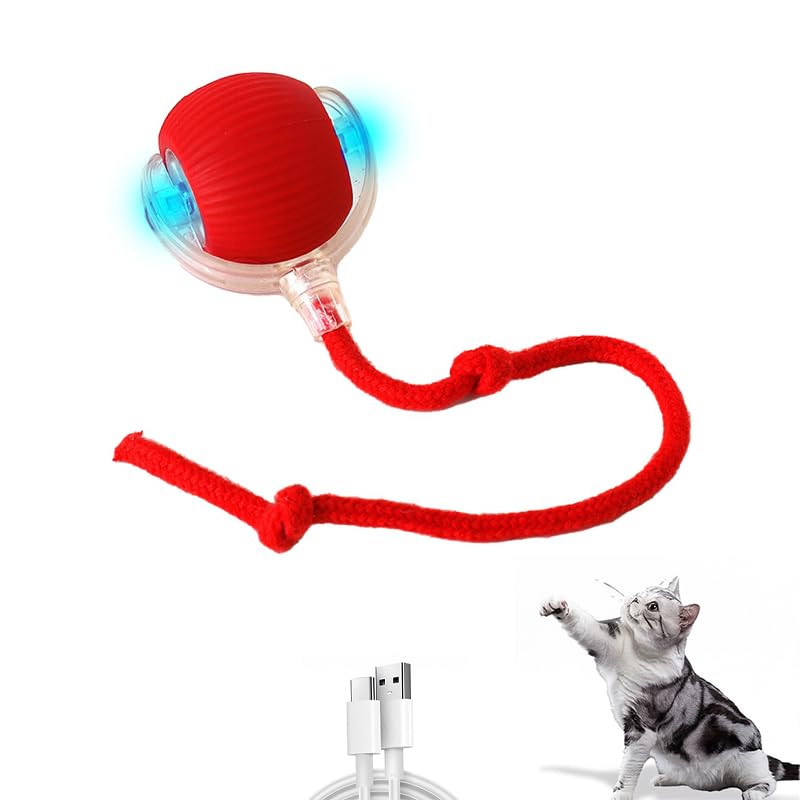 Zibuyu Rolling Ball Pet Toy Electric Automatic Moving Ball With Tail Rope 3 Modes Usb Rechargeable For Cats And Small Dogs Red