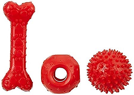 Dog Trust Rubber Dog Chew Toy Combo (Large Dog Bone 8.5 + Dog Spike Ball 3+ Ring Dog Toy 4.5) | Chewing Toys For Medium & Lar