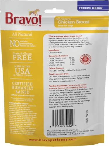 Bravo! Freeze Dried Raw Dog Treats, Chicken Breast, High Protein, Grain Free, 3 Ounce