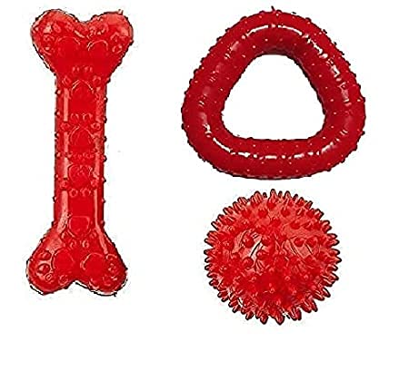 Dog Trust Rubber Dog Chew Toy Combo Of 3 Toys | Medium Flavoured Bone, Large Triangle, Spike Chew Ball Toy | Color May Vary(Pack
