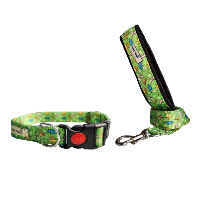 Tedhi Poonch Premium Adjustable Printed Collar And Leash Set For Dogs & Puppies (Dinosaur Print, Large)