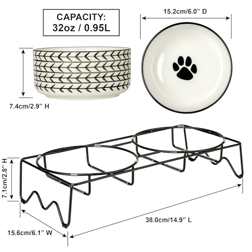 Signature Housewares Ceramic Pet Bowl Set - Food Water Bowls for Dogs and Puppies, Large Cats with Sturdy Metal Stand - Set of 2