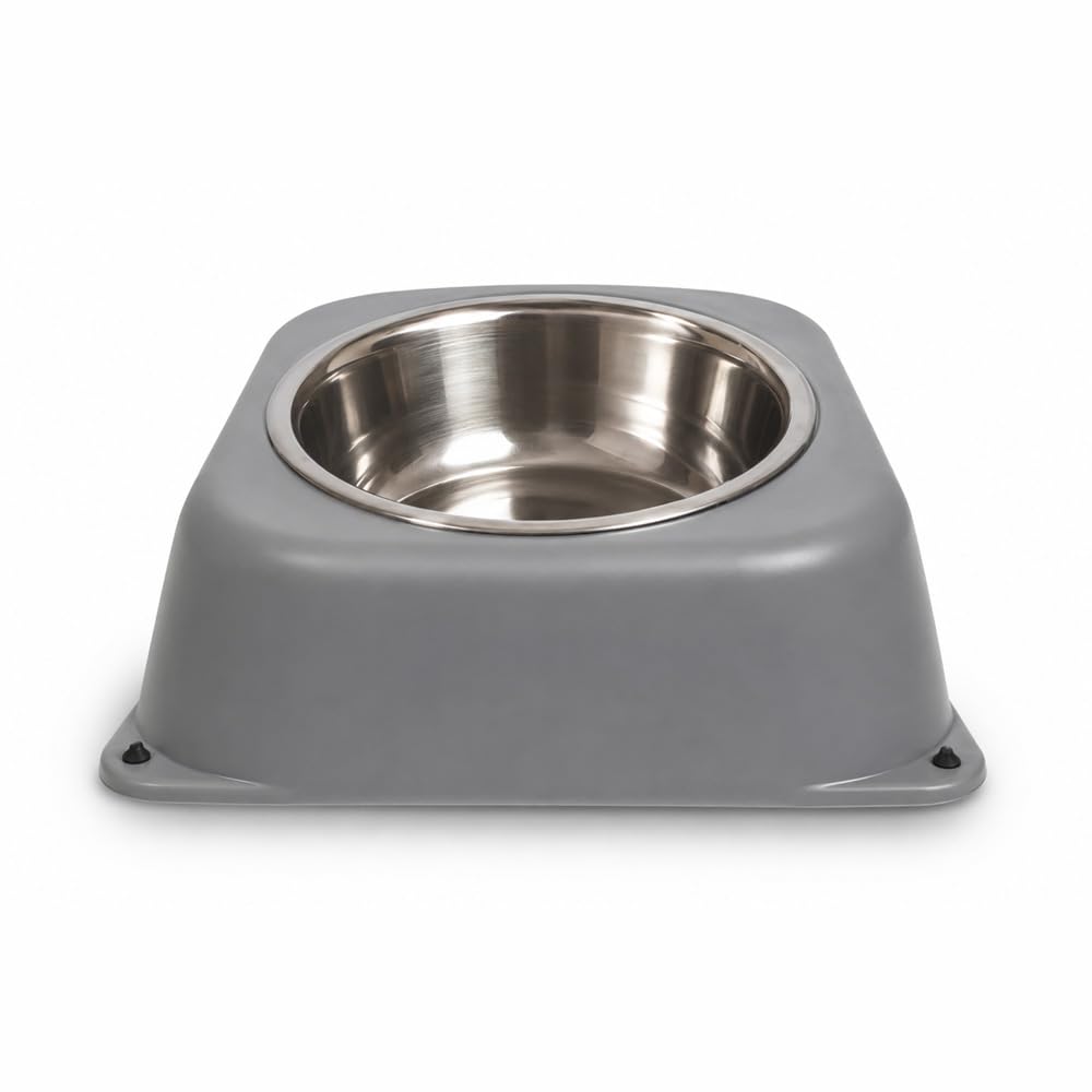 Family Plastics Stainless Steel Pet Bowl With Plastic Tray  AntiSkid, NoTip Food & Water Dish (14.5Cm, 300Ml)  Durable, Rust