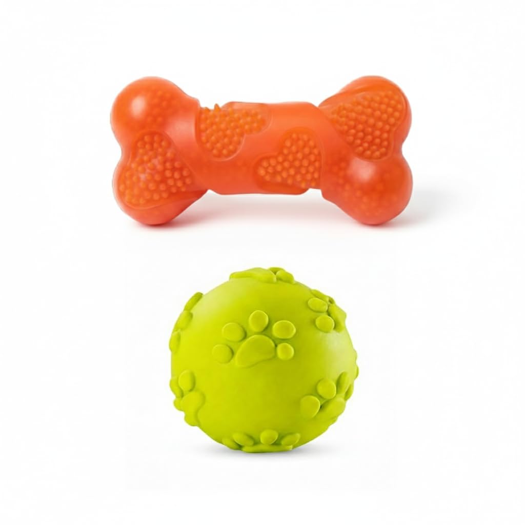 Bohobark Squeaky Rubber Ball And Chew Bone Toy Combo (Pack Of 2)  Perfect Puppy Teething Set For Small/Medium Breeds  Non Toxi