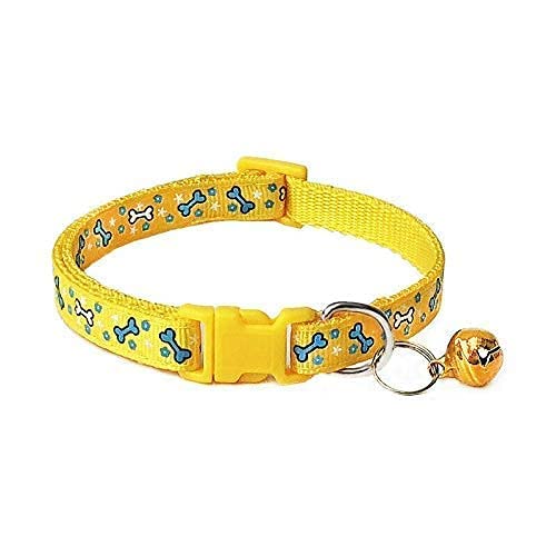 Psk Pet Mart Nylon Pet Dog Cat Collar Safety Buckle Big Bell Neck Ring Cute Bone Print Adjustable, Collar (Yellow), 32 Cm