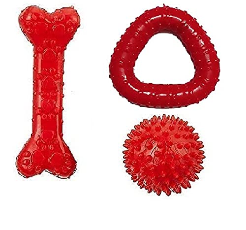 Psk Pet Mart Rubber Dog Chew Toy Combo Of 3 Toys | Medium Flavoured Bone, Large Triangle, Spike Chew Ball Toy | Color May Vary (