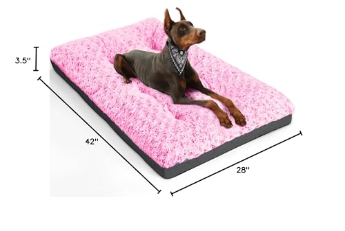 Pocblue Deluxe Washable Xl Dog Bed Dog Crate Mat 42 Inch Comfy Fluffy Kennel Pad Anti-Slip For Dogs Up To 90 Lbs, 42' X 28', Pink
