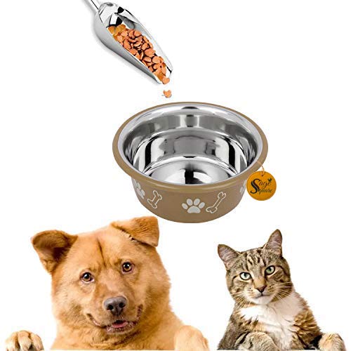 Sage Square Heavy Quality With Anti Skid Ring Round Shape, Stainless Steel Food/Drink Bowl For Dog/Cat/Other Pets (Medium, Brown
