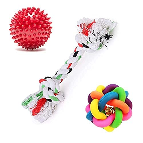RvPaws Dog Rubber Chew Toy Combo (Spike Dental Ball + Rainbow Sound Ball + 2 Knot Rope)  Color May Vary