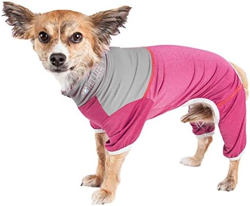 Pet Life  Active 'Embarker' Heathered Performance 4-Way Stretch Two-Toned Full Body Warm Up, Pink And Grey  - X-Large