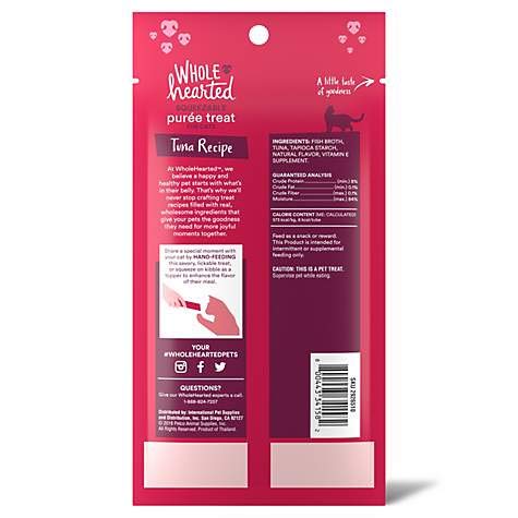 WholeHearted Cat Treats, Tuna Recipe Squeezable Pur  e, 4 Tubes, 0.5 oz Each