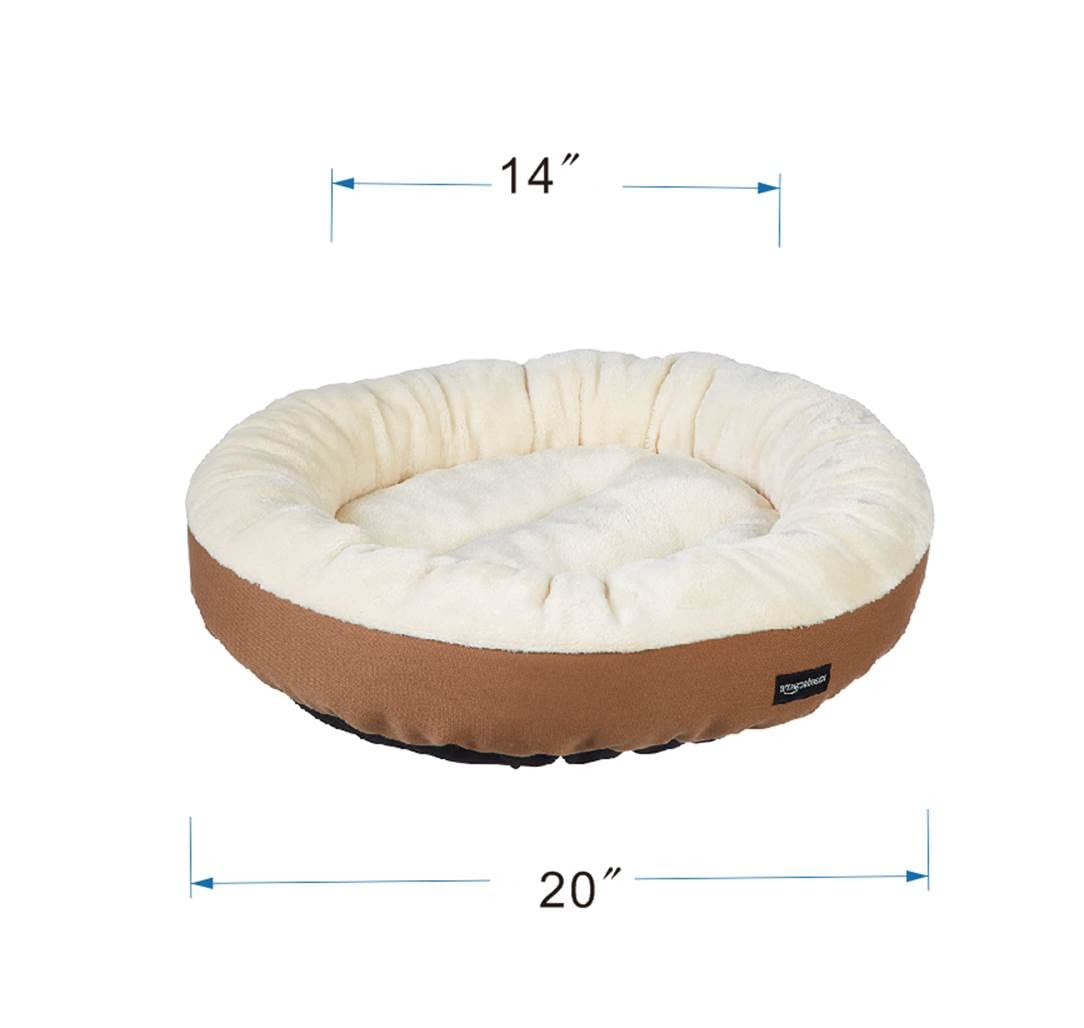 Amazon Basics Round Bolster Pet Bed for Dog or Cat with Flannel Top, 20.0 L x 20.0 W x 8.0 Th, Brown and Ivory