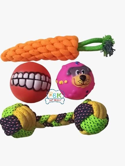 Psk Pet Mart Puppy And Dogs Chew Rope Squeaky Teething Toys | Carrot | Rope Dumbbell | Smily Ball | Squeaky Face Ball, Combo (Pa