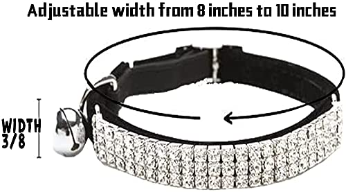 CHUKCHI Adjustable Cat Collar with Bling Diamante and Bells, 11 inch, Black, Soft Velvet Material for Small Dogs and Cats