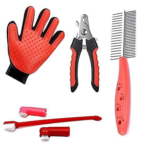 Pet Guard Dogs Grooming Kit ?Double Side Comb, Nail Cutter, Tooth Brush and Glove for Puppy, Cat and Kitten ?Combo of 4