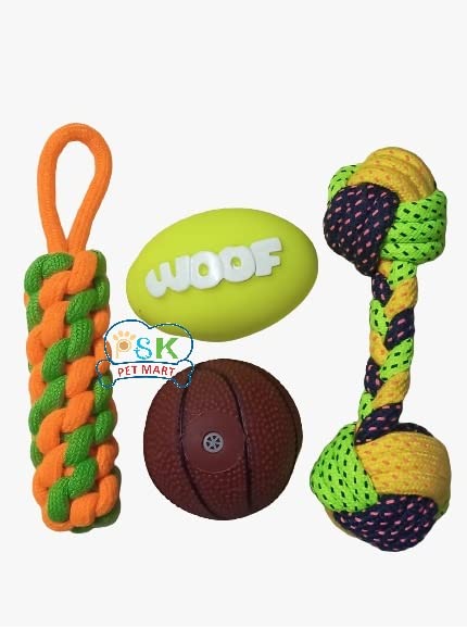 Psk Pet Mart Puppy And Dogs Chew Rope Squeaky Teething Toys | Dummy | Rope Dumbbell | Woof Rugby Ball | Squeaky Baseball | Combo