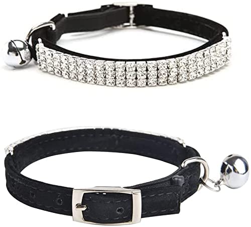 CHUKCHI Adjustable Cat Collar with Bling Diamante and Bells, 11 inch, Black, Soft Velvet Material for Small Dogs and Cats
