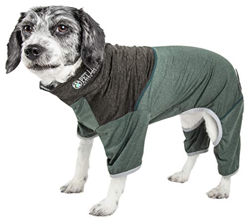 Pet Life Active Embarker Heathered Performance 4-Way Stretch Two-Toned Full Body Warm Up, Large, Green