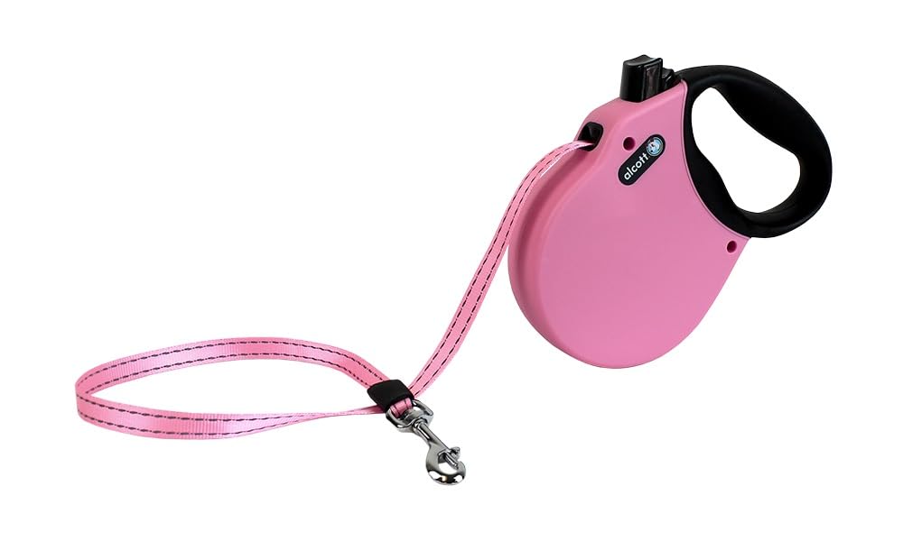 Alcott Adventure Retractable Reflective Belt Leash, 16' Long, Small For Dogs Up To 45 Lbs, Pink With Black Soft Grip Handle,Rlsh Aa Sm Pk