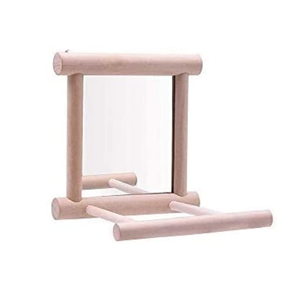 Bird Mirror Wooden Hanging Swing Interactive Play Toys For Small Parrot Budgies Macaw African Grey Parakeet Cockatiel Conure Lovebird Cage Accessories (Bird Mirror Perch Stand-One)