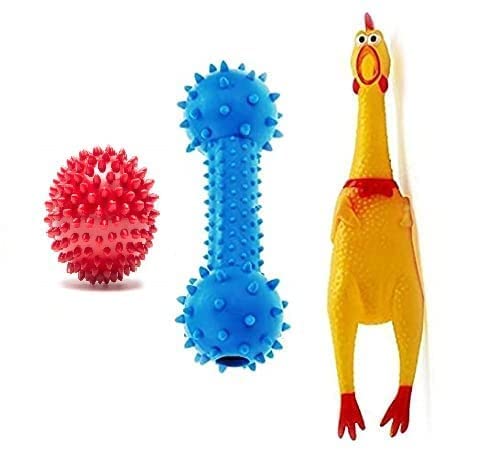 Woofy Dogs Rubber Chew Toys Combo Of Ring Toy, Silicone Dumbbell And Squeaky Chicken Toy For Small Dogs