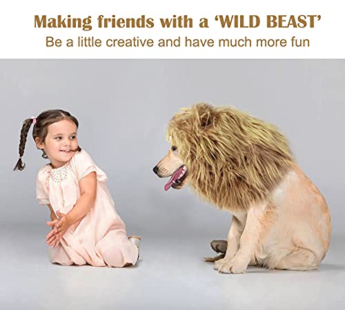 Onmygogo Lion Mane Wig For Dogs With Ears, Funny Pet Costumes For Halloween Christmas (Size L, Yellow)