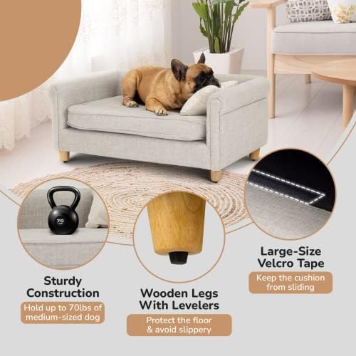 dCee Dog Sofa Bed for Medium Dogs of 70 Lbs, 33 in. Soft Velvety Dog Couch for Comfort Sleep and Joint Support, Light Grey