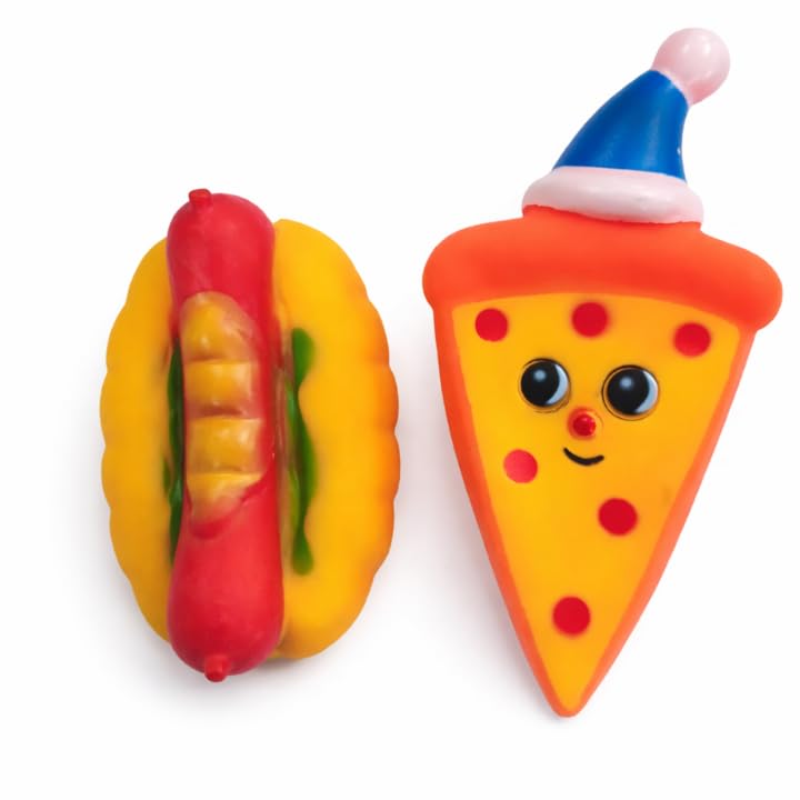 PETZ R US Chew Squeaky Hot Dog & Pizza Toys for Dogs  Fun, Durable, NonToxic Interactive Chew Toys for Play, Teething, and Den