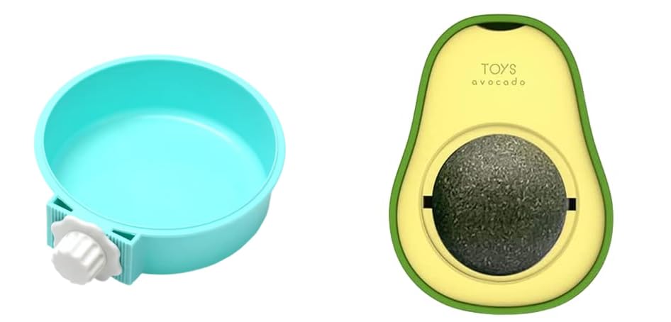 Round Cage Hanging Pet Bowl For Dog And Cat Food With Plastic Lock (Blue) And Catnip Wall Toy, Rotatable Cat Wall Treats, Cat Ch