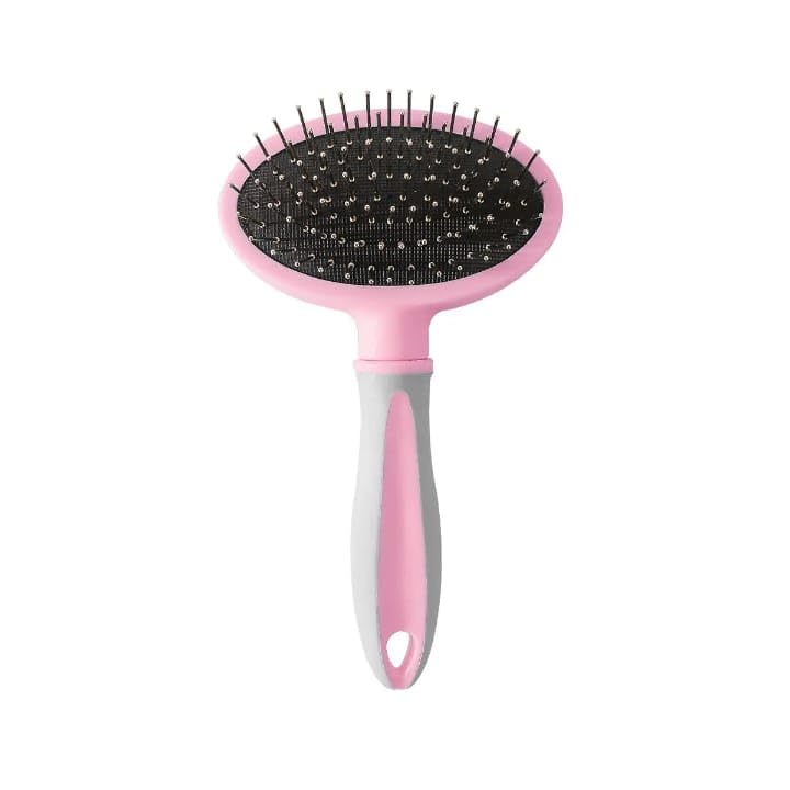 Rizopets Pet Grooming Brush With Ergonomic Handle, Pink And Grey, Oval Design With Metal Bristles