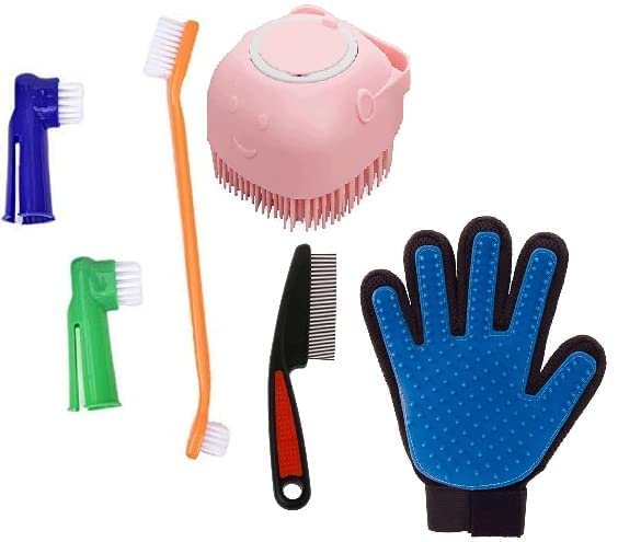 Dog Trust Dog Grooming Kit Shampoo Brush 5 Finger Glove Teeth Brushh Set Flea Flean Comb Colour May Very (Pack Of 5) Suitable Fo