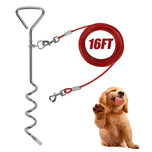 Darkyazi Dog Stake Tie Out Cable And Reflective Stake 16 Ft Outdoor, Yard And Camping, For Medium To Large Dogs Up To 125 Lbs (16Ft Cable, 18' Stake, Red)