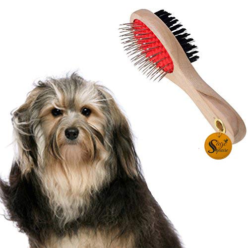 Sage Square Natural Wood Double Side 2 In 1 Dog Brush/Pet Comb For Grooming & Safety For Pets From Mites/Lice/Ticks For Dog/Pupp