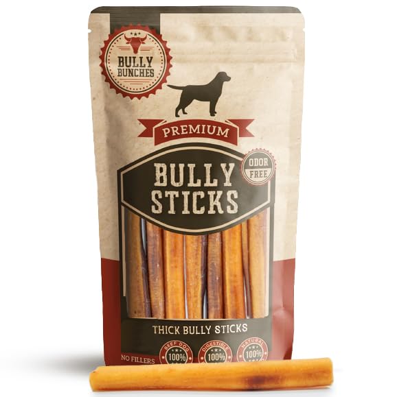 Bully Bunches Premium 6 Inch Thick Odor-Free Bully Sticks for Small & Medium Dogs - Long Lasting Chews for Oral Care- All Natura