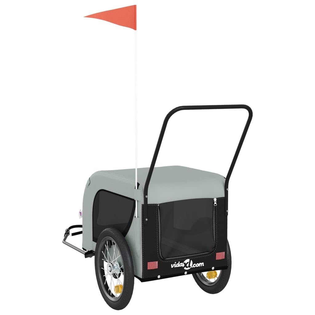 vidaXL Pet Bike Trailer - Grey/Black Oxford Fabric/Iron - 3 Wheels - Zippered Doors - Reflectors & Flag for Safety - 99.2 lb Capacity