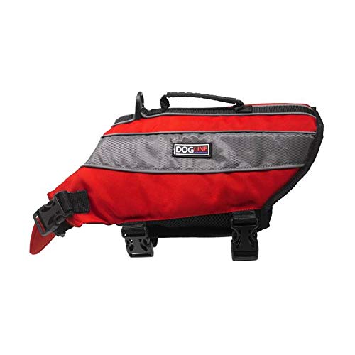 Dogline Dog Life Jacket – Dog Life Vest For Swimming And Boating In Hi-Viz Colors With Reflective Strips Mesh Underbelly For Draining And Drying And Top Carry Handle 32 To 41' Girth Red