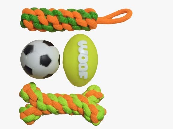 Psk Pet Mart Puppy And Dogs Chew Rope Squeaky Teething Toys | Rope Toy | Dummy | Woof Rugby Ball | Squeaky Football Combo (Pack 