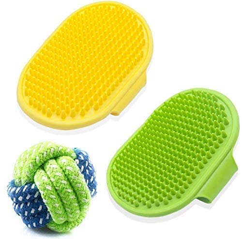 RvPaws 2 pet Grooming Bath Brushes, Soothing Massage Rubber Comb, with Adjustable Ring Handle, 1 Toy Ball, let Pets add More Fun